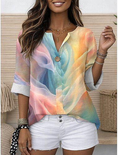  Dam Blus Mönster Grafisk Geometrisk Abstrakt Vintage Stylish Modern 3/4 ärm Rund hals Vanliga toppar Dagligen Helgdag Standkläder Blå Gul Purpur Orange Sommar Vår