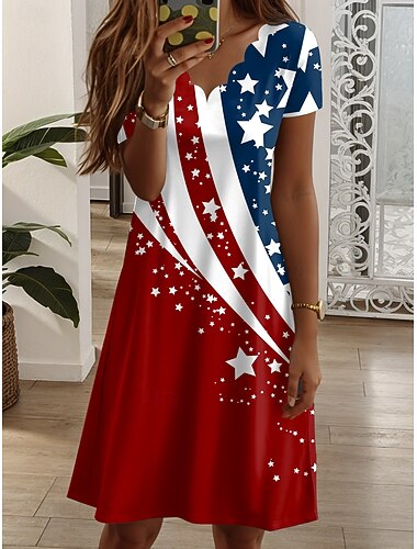  Amerikanischer Unabhängigkeitstag Damen Minikleid T-Shirt-Kleid A Linie Kleid Urlaub Lässig Täglich Normale Passform Grafik Amerikanische Flagge Kurzarm V Ausschnitt Blau Weiß Rote Sommer Frühling