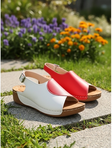  Rode tweekleurige wedge sandalen voor dames | comfortabele schoenen met voetboogondersteuning voor casual wandelingen, dagelijks gebruik en zomervakanties