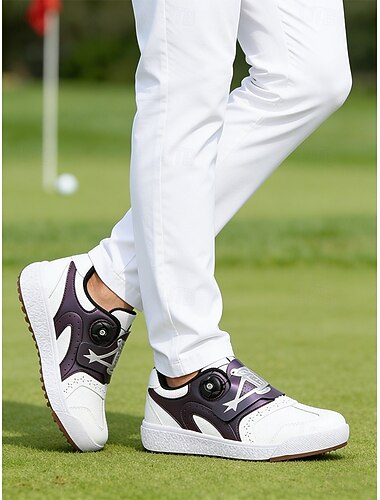  Herre golfsko, hvitt kunstskinn med rød aksent, justerbar boa-lukking, komfortable og slitesterke, ideelle for golfbaner, utendørssport og fritidsaktiviteter
