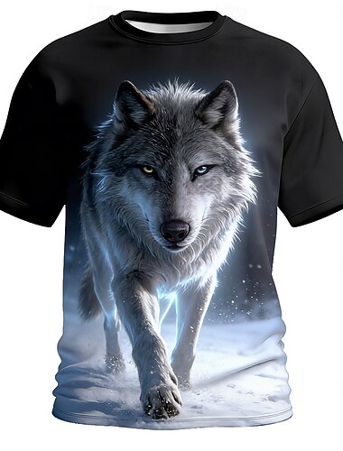  Heren T-shirt met heterochromie, wolf, geelblauwe ogen, sneeuwblauwe aura, coole fantasy streetwear print, korte mouwen, normale pasvorm, casual, dagelijks gebruik, designer kleding, maten S, M, L,