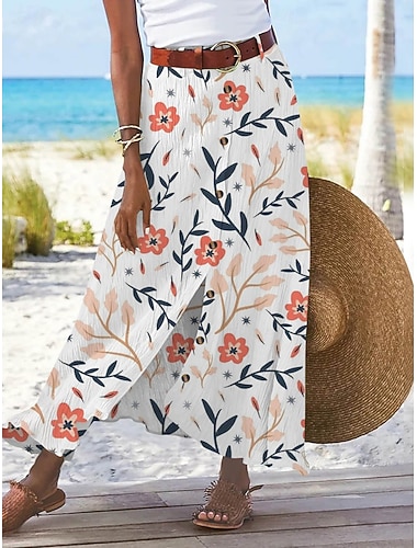  Dame Ferieskjørt Mote Fritid Maksi Høy Midje Skjørt Blomstret Trykt mønster Mikroelastisk Daglig Gate Blå Rosa Grønn Sommer Polyester