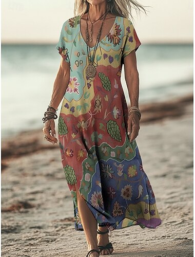  Per donna Abito maxi Abito Boho Vestito Casual Abito a trapezio Abito Stampato Vintage All'aperto Spiaggia Vacanza Vestibilità regolare Floreale Grafico Manica Corta Scollo a V Verde Estate Primavera