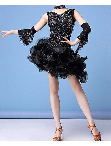  Rode mouwloze jurk met pailletten voor dames, geschikt voor Latijns-Amerikaanse dansvoorstellingen