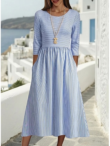  Women's Midi Dress Casual Dress Cotton Dress A Line Dress Fashion Modern Daily Vacation Holiday Regular Fit Striped 3/4 Length Sleeve Crew Neck Light Blue Summer Spring