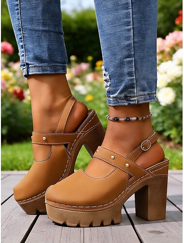 Damen-Mary-Jane-Pumps mit Blockabsatz – braune Plateau-Pumps mit verstellbarem Riemen für Freizeit und Büro &Gartenpartyschuhe