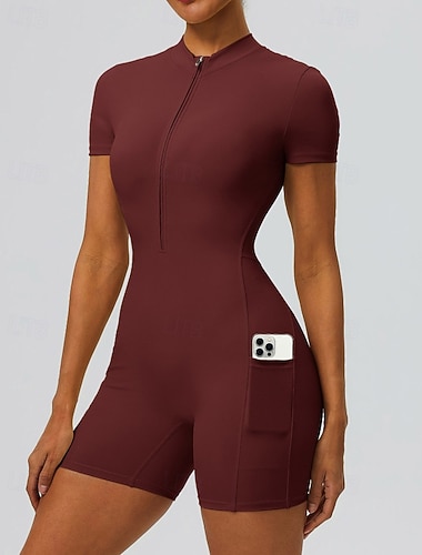  Mulheres Macacões de treino Pijama Macacão Bolsos Zíper Frontal Côr Sólida Body Verão Primavera Outono Arroz Branco Preto Corrida Ginástica Ioga Butt Lift Secagem Rápida Esticar Manga Curta Esporte