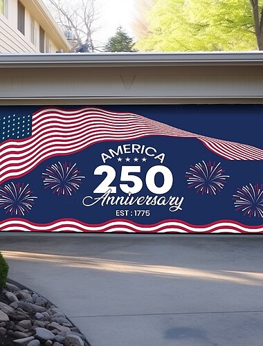  4 juli 2026 250:e minnesdagen jubileum 1775 vågig amerikanska flaggan stjärnor ränder fyrverkerier garage dörr banner patriotisk utomhus dekoration självständighetsdag 4 juli firande mural bakgrund