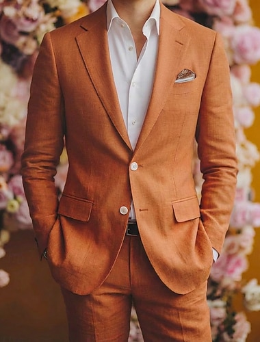  Menn Lindresser Strandbryllup Avslappet Gul Rosa Vår sommer Dress Hakkjakkeslag Mote Lettvekt Ensfarget Slank Fasong 2-delt sett Enkelt Brystet To-knapp