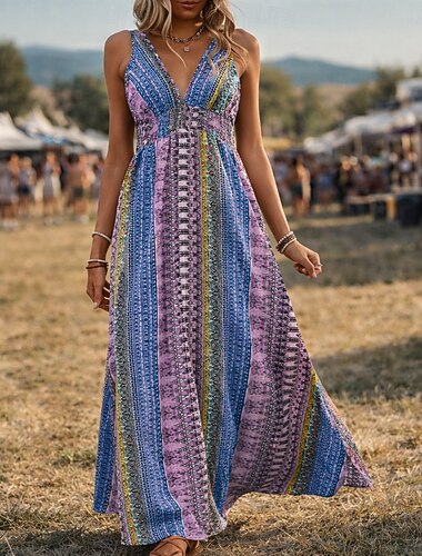  بوهيميان عتيق / معتق بوهو طويل فساتين بلا أكمام بوهيميان V رقبة ملابس تنكرية نسائي حفلة تنكرية احتفال موسيقي حفلة ذات طابع ريترو للبالغين فستان الصيف
