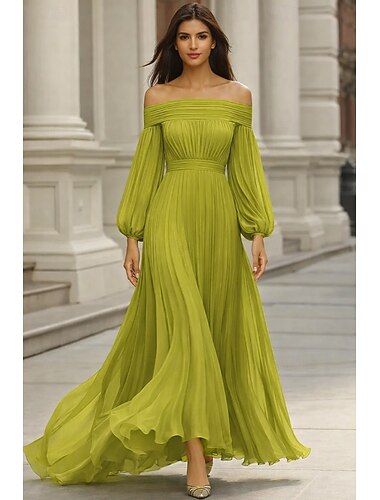  A-Linie Bodenlang Abendkleid Kleider für Hochzeitsgäste Festliche Kleidung Elegant Langarm Schulterfrei Hochzeit Formell Chiffon mit Falten Gerafft