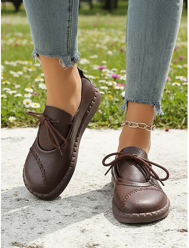  Braune Damen-Schnürschuhe aus Leder in weiter Passform – weiche, bequeme Laufschuhe mit flexibler, rutschfester Sohle, lässige Alltagsschuhe für Reisen und den ganzen Tag.