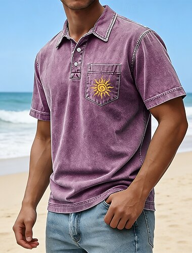  Herren Sonne Acid-Wash-Shirt 100% Baumwolle Kurzarm Polo-Shirts Revers Hawaiianisch Lässig Athleisure Urlaubskleidung Tasche 3D-Druck Knöpfe Frühling & Sommer Blau Rote Grün