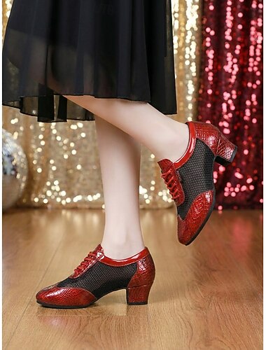  dámská červená &černé šněrovací taneční boty, profesionální nízké podpatky na cvičení společenských tanečních tanečních tanečníků na latinu, tango &společenský tanec