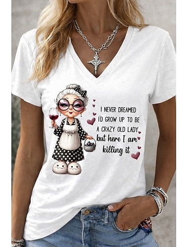 dam t-shirt rolig humor citat tryck snygg klassisk avslappnad kortärmad v-ringad långa toppar dagligen utekväll helg vit röd röd vit sommar vår höst