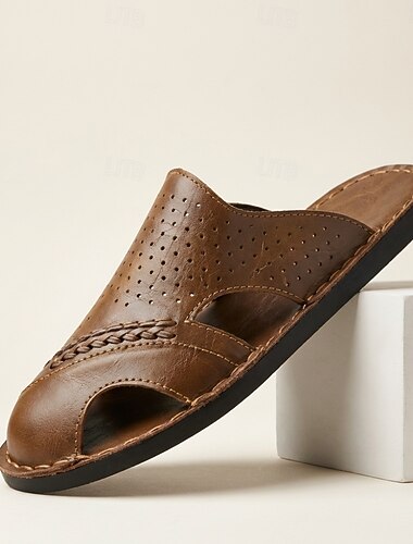  herre brune slidesandaler åpen tå casual tøfler perforerte komfortsommersko for strandferie, feriestedbruk, reise, hjemmebruk, friluftsliv og daglig varmt værstil