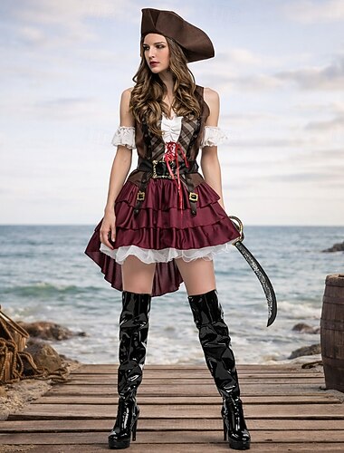  Set Medeltida kostymer Renässans Klänningar Hattar Midjeskärp med tillbehör Pirat Maskeradkläder Dam Pirat Halloween Karnival Maskerad Renässansmässan Retro-temafest Vuxna Klänning Skärp Hatt Alla