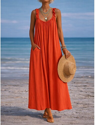  Damen Maxikleid Kleider in Leinenoptik Sommerkleid Freizeitkleid Unterkleid Mode Basic Modern Täglich Urlaub Lässiger Schnitt Einfach Ärmellos U-Ausschnitt Blau Schwarz Gelb Rote Sommer Frühling
