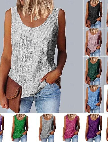  Per donna Top estivi Paillettes Tinta unica Elegante Vintage Streetwear Senza Maniche Senza maniche Spallina Top Regolari Spiaggia Feste Abbigliamento da sera Giallo Chiaro Blu chiaro Rosso violaceo