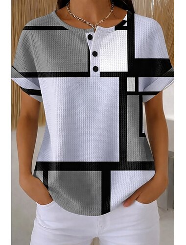  Damen Waffel Strukturierte Strick Tops T-Shirt Farbkasten Grafik Geometrisch Farbkasten Stylisch Klassisch Kurzarm Rundhals Täglicher Sport Wochenende Hellgrün Helllila Hellblau