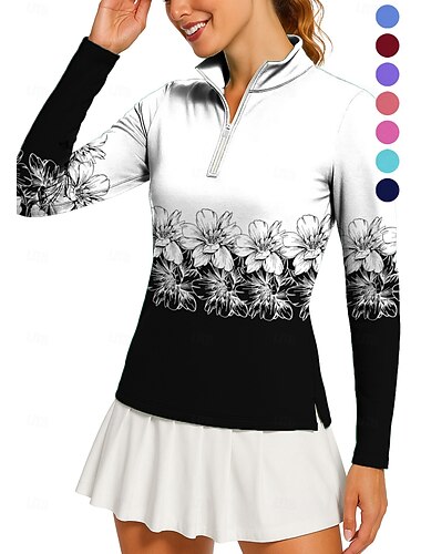  Damen Geometrisch Blumenmuster Golf-Poloshirt Tennis Shirt Tennis-T-Shirt Langarm Druck Viertel Postleitzahl Pullover UV Schutz Elastisch Atmungsaktiv Tennis Golfspiel Pickleball Hoher Ausschnitt