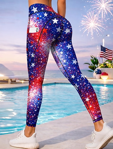  Itsenäisyyspäivä Yhdysvaltain kansallispäivä Amerikan itsenäisyyspäivä Naisten Vapaa-ajan leggingsit Urheilulegginsit Joogahousut Taskut Leimavero Tilkkutäkki Pilates Kuntosali Kunto Housut Pyöräily