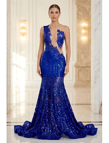  בתולת ים  חצוצרה שובל קורט שמלות נשף שמלות ערב שמלת נשף לבוש רשמי אלגנטית מסיבה ללא שרוולים עם תכשיטים נשף רקודים ארוסים אפריקאי אמריקאי נצנצים עם נצנצים אפליקציות