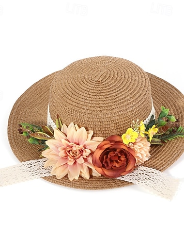  Hatter Strå Bryllup Bursdag Årgang søt stil Retro Rød Med Blomster Hodeplagg Hodeplagg