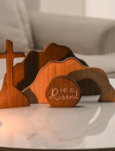  Osterdekoration „Er ist auferstanden“, leeres Grabkreuz als Osterdekoration für Zuhause, hölzernes Oster-Set mit Auferstehungsszene für Tisch, Kaminsims, Büro, Küche – Geschenk