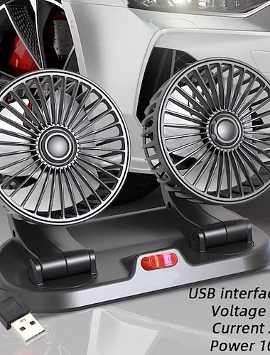  dobbelthodet bilvifte 12v 24v usb-drevet, 360° roterbar bærbar kjølevifte for kjøretøy, stillegående kraftig autoluftsirkulator for nakkestøtte på dashbordet, universell passform for bil, SUV,
