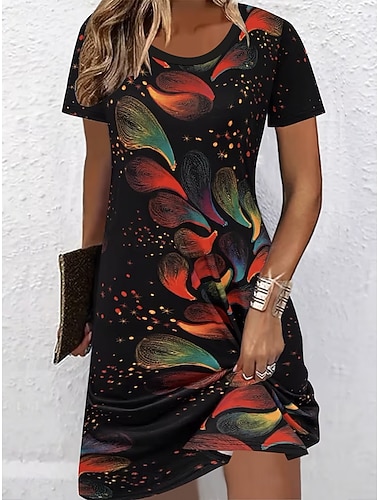  Damen Midikleid Shiftkleid T-Shirt-Kleid Sommerkleid Lässig Täglich Normale Passform Blumen Grafik Kurzarm Rundhalsausschnitt Schwarz Marineblau Sommer Frühling
