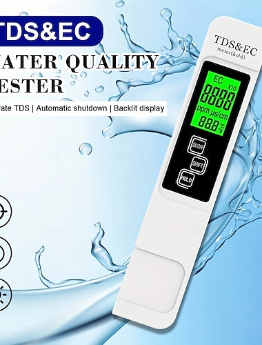  4-in-1 tds &EY-veden testauslaite, valkoinen/sininen, kaksi värivaihtoehtoa, taustavalaistu nopea lukema, tarkka mittaus 0–9999 ppm, värihälytys juomavedelle &akvaarion käyttö