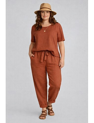  completi da donna in cotone, completi da casa, moda, semplice t-shirt, pantaloni, casual, tinta unita, tasca, street date, aeroporto, mezza manica, girocollo, verde militare, arancione, kaki, blu scuro, estate, primavera