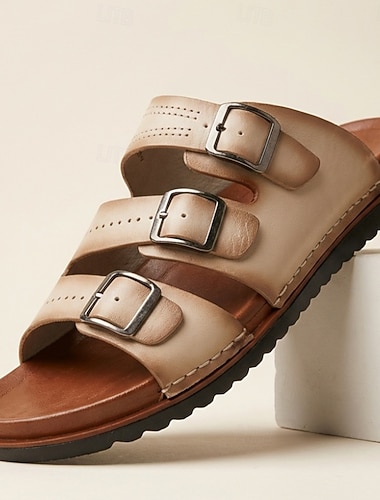  herre beige trippelspennesandaler med åpen tå, avslappet tøfler, justerbare komfortsommersko for strandferie, feriestedbruk, reise, hjemmebruk, friluftsliv og hverdagslig varmt værstil