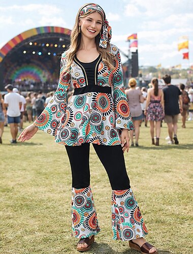  Conjunto Retro Antiguo Años 70 Blusa / Falda Pantalones Larga Hippie Disco Cachemir Disfraz Mujer Víspera de Todos los Santos Carnaval Festival de Música Fiesta temática retro Adulto Cima Pantalones