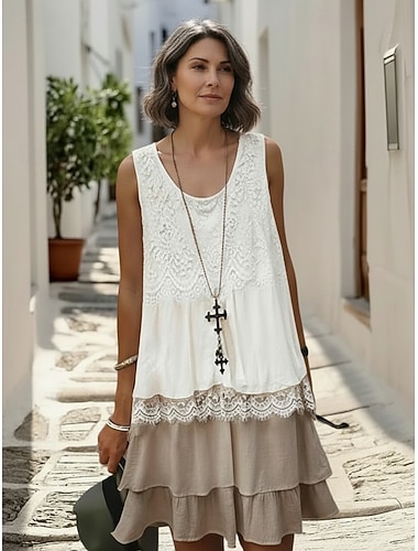  Damen Minikleid Spitzenkleid Sommerkleid Weißes Kleid Lässig Urlaub Straße Ferien Normale Passform Ärmellos Rundhalsausschnitt Weiß Sommer