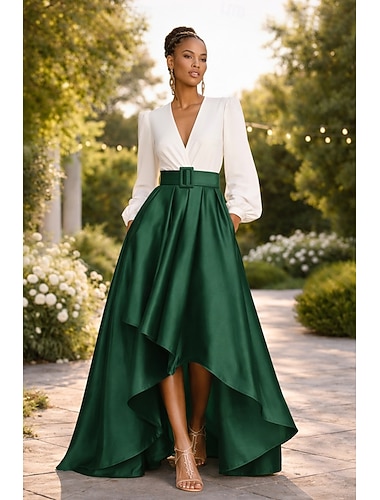  גזרת A א-סימטרי שמלות קוקטייל שמלות ערב שמלת נשף לבוש רשמי אלגנטית בלוק צבע גבוה נמוך שרוול 4\3 צווארון V רשמי אורחת חתונה סאטן עם אסוף