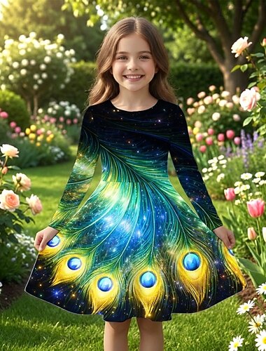 Mädchen' 3D Grafik Pfau Kleid Langarm 3D-Druck Frühling Herbst Täglich Urlaub Party Lässig Prinzessin Schön Kinder 4-12 Jahre Freizeitkleid A Linie Kleid Knielang Normale Passform