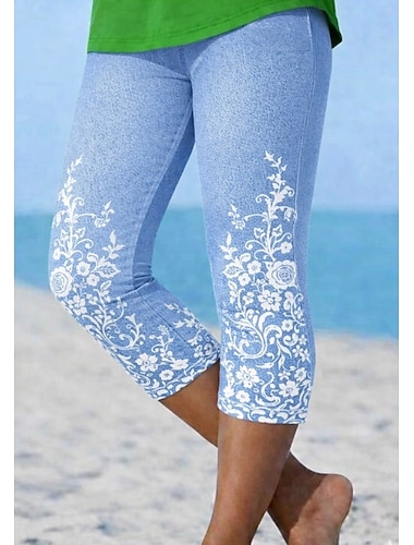  Dame Capri-bukser Leggings Ferie Mote Hawaiisk Kalv lengde Medium Midje Blomstret Grafisk Printer Trykt mønster Komfort Myk Pustende Elastisk Avslappet Daglig Feriereise Marine Lyseblå Sommer Vår