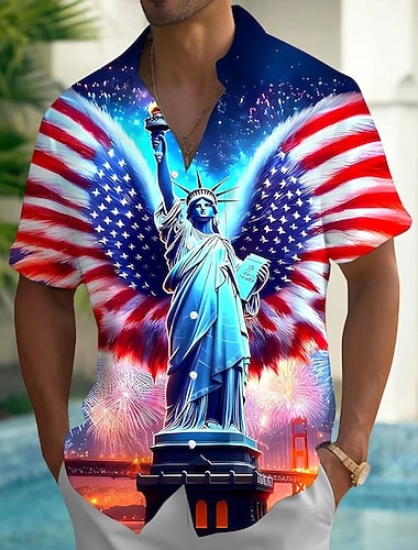  Homme 4 juillet, 250e anniversaire des États-Unis Statue de la Liberté Drapeau américain Chemise Chemise d'été Chemise Boutonnée Manche Courte Patriotique Extérieur Fête Été Printemps Col Rabattu