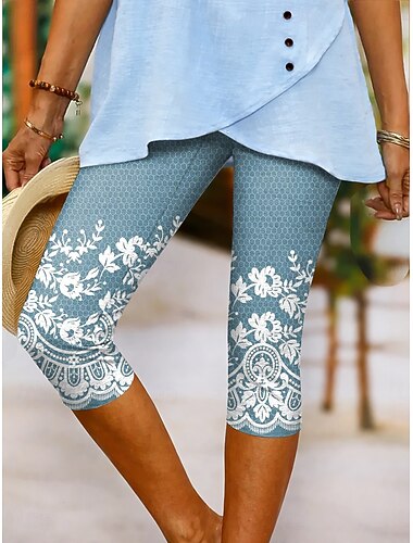  Femmes Slim Leggings Vacances Style Classique Basique Longueur mollet Capris Naturel Fleuri Graphique Imprimé Confort Extérieur Respirant Élastique Occasionnel Quotidien Intérieur Bleu Violet Rose