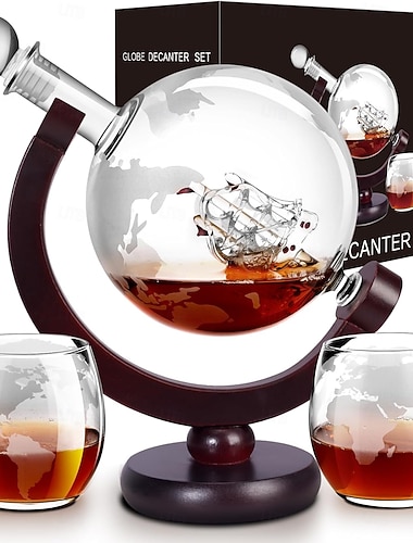  Whisky-Dekanter-Set für Herren, Whisky-Dekanter-Globus-Set mit 2 gravierten Globus-Whiskygläsern für Spirituosen, Bourbon, Cocktails, Wodka, Scotch-Dekanter-Sets – 850 ml