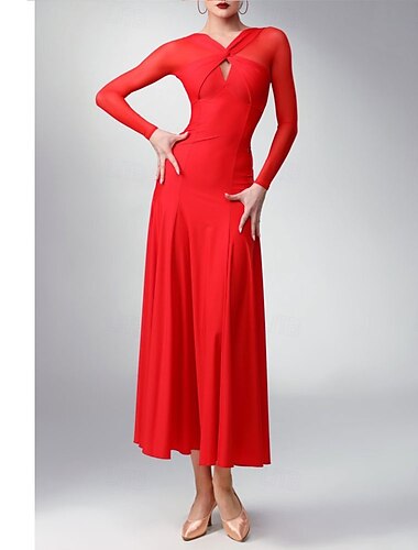  Ballroom-dans Danseklær Kjole Plissert Ren Farge Tvinning Dame Fest Trening Ytelse Langermet Høy Spandex Polyester