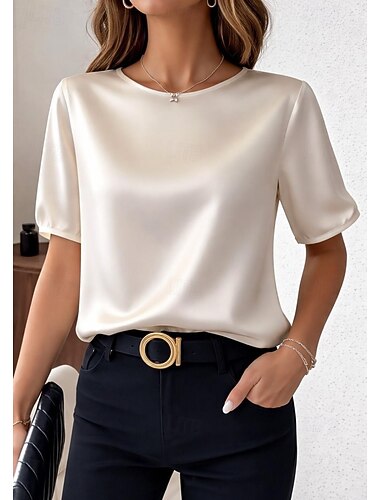  Női Szatén felső Póló Tömör szín Elegáns Stílusos Alkalmi Rövid ujjú Terített nyak Normál felsők Napi Alkalmi Fekete Arcpír rózsaszín Rubin Lóhere Sárgabarack Nyár Tavasz