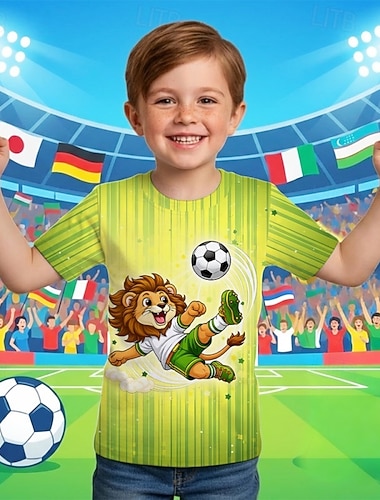  Ragazzi 3D Grafico Leone Calcio Maglietta Manica Corta Stampa 3D Estate Primavera Sport Moda Streetwear Bambini 4-12 Anni Girocollo Casuale Quotidiano All'aperto Vestibilità regolare
