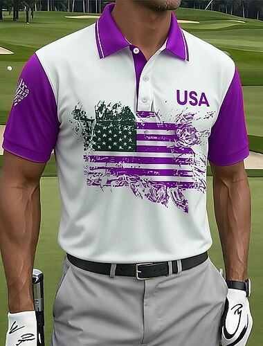  Amerikansk uavhengighetsdag Herre Amerikansk amerikansk flagg Golf Sports poloskjorter Kortermet Poloskjorter Skjorter med krage Fritid treningsklær Knapper Vår sommer Blå Rød Lilla
