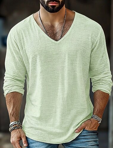  Per uomo Maglietta Maglietta in lino Manica Lunga Scollo a V Estate Primavera Primavera & Estate Tinta unica Semplice Testurizzato Quotidiano Casual Stile da Strada Puro Casuale All'aperto Streetwear