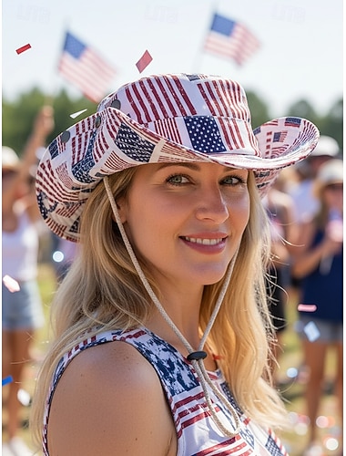  قبعة رعاة بقر غربية مطبوعة من البوليستر للنساء، بتصميم متعدد الأنماط، مزينة بعلم الولايات المتحدة الأمريكية، مثالية للاحتفال بالذكرى 250 لاستقلال الولايات المتحدة، وللارتداء اليومي غير الرسمي.