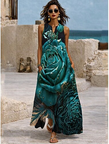  Damen Maxikleid Sommerkleid A Linie Kleid Urlaub Lässig Boho Täglich Ferien Lässiger Schnitt Blumen Grafik Ärmellos V Ausschnitt Dunkelgrün Sommer Frühling