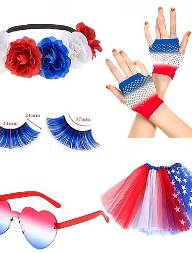  Set 250° anniversario USA Anni '80 Copricapo Tutu Sottogonna con accessori Costume Per donna Halloween Carnevale Mascherata Giorno dell'Indipendenza 4 luglio Adulti Gonna Copricapo Altri Accessori